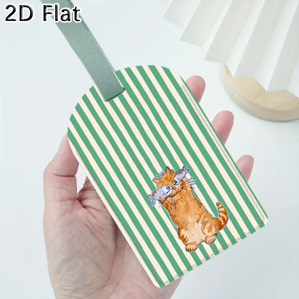 Luggage Tag Leather - Cute Cat and Green Stripes Luggage